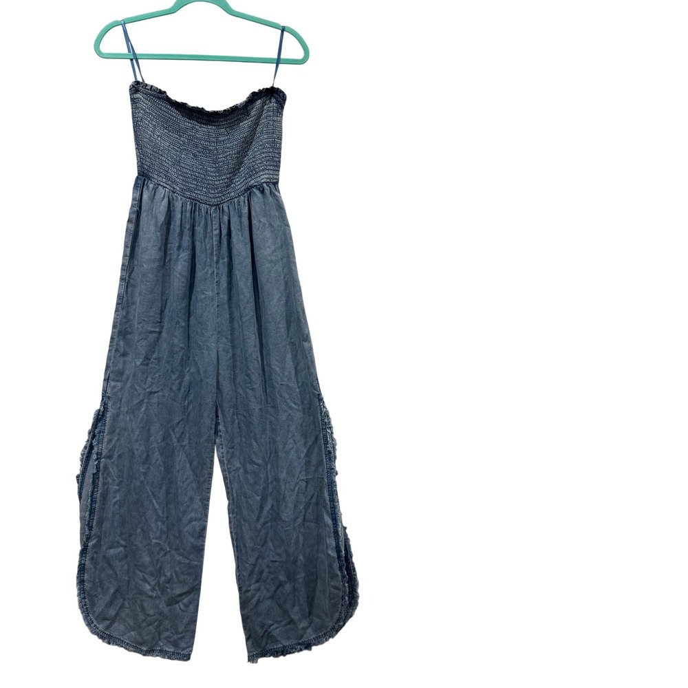 Doe and Rae Blue Tencel Smocked Wide Leg Jumpsuit Small Side Slits Fringe Hem